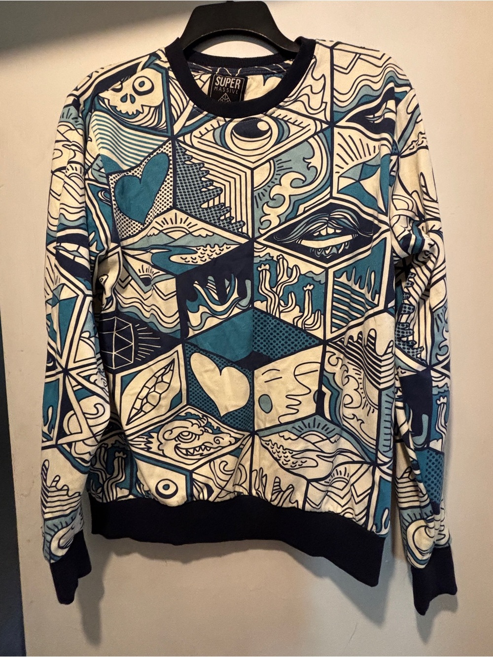 Blue & White Graphic Crewneck Sweater